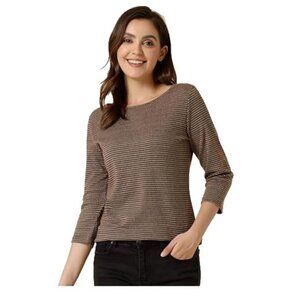 NEW Allegra K Women's Plaid 3/4 Sleeve Boat Neck Blouse Brown Khaki L